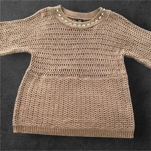 Tan Crew Neck Sweater with Textured Knit
